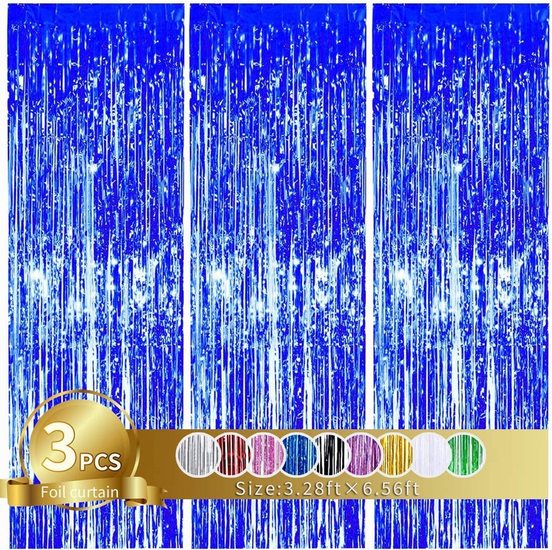 TONIFUL 3 Pcs Blue Tinsel Foil Fringe Curtains,3.28ft x 6.56ft Gold Photo Booth Backdrop Streamer Curtain,Photo Booth Props,Ideal Bachelorette Party Supplies, Birthday, Christmas,New Year Decorationsâ€¦ - Image 1